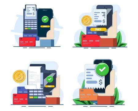 Modern flat vector illustration set featuring e-payment, mobile banking. Stock Illustration