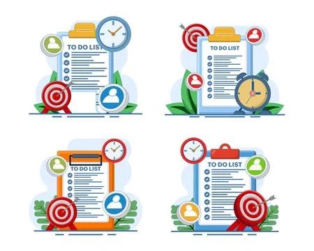 Modern flat vector illustration set depicting checklists, task completion. Stock Illustration