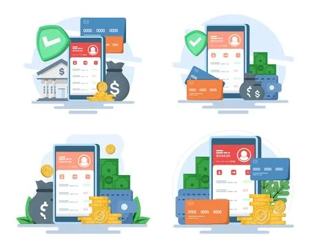 Modern flat vector illustration set showing mobile banking, digital wallets. Stock Illustration