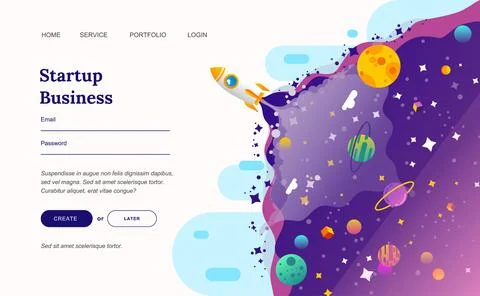 Modern flat vector illustration of start up describe by rocket in the space w Stock Illustration