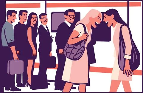 Modern flat vector illustration of Two young women laugh loudly while chatt.. Stock Illustration