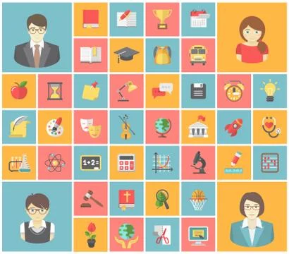 Modern flat vector square icons of school subjects Stock Illustration