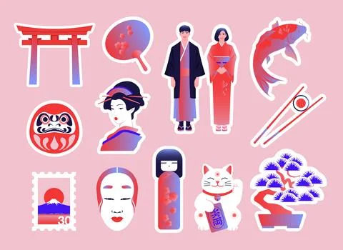 Modern flat vector sticker pack of traditional Japanese elements Stock Illustration