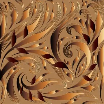 Modern floral 3d seamless pattern. Vector gold brown beautiful background, wa Stock Illustration