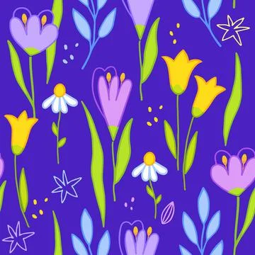 Modern floral handrawn seamless pattern on violet background. Vector Stock Illustration