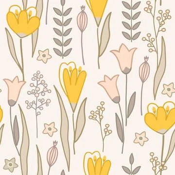 Modern floral handrawn seamless pattern on light background. Vector illustration Stock Illustration