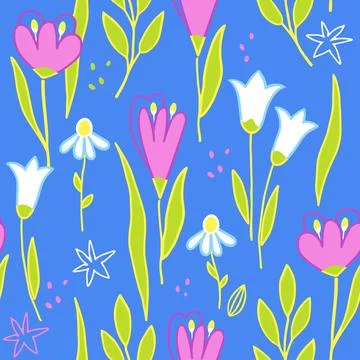 Modern floral handrawn seamless pattern on blue background. Vector illustration. Stock Illustration