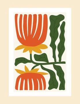 Modern floral poster inspired by Matisses collage style, featuring bright, ab Stock Illustration