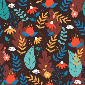 Modern floral seamless pattern on dark background. Vector illustration. Stock Illustration
