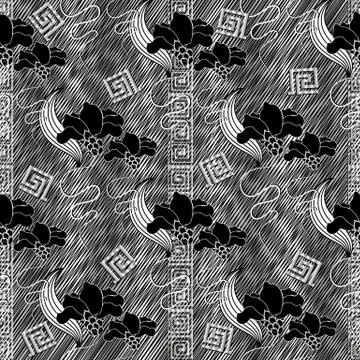Modern floral seamless pattern. Striped hatching grunge background. 3d wallpa Stock Illustration