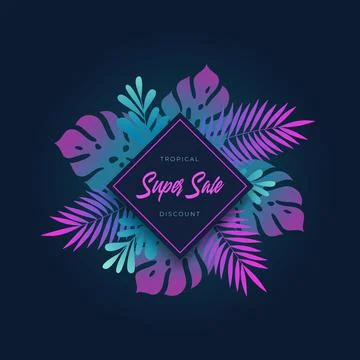Modern Fluorescent Gradient Monstera Palm Tropic Leaves Summer Sale Card or Illustrazione stock