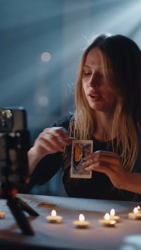 Modern fortune teller reading tarot cards by phone Video stock 316824304