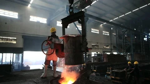 Modern foundry factory realistic vector banner or poster. Pouring molten Stock Footage 149949063