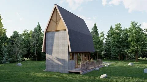 Modern A-Frame Cabin in Forest Clearing - 3D Architectural Visualization Stock Illustration