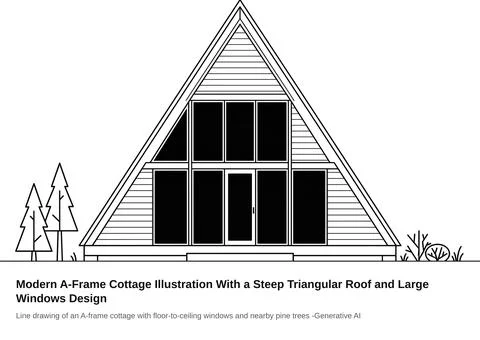 Modern A-Frame Cottage Illustration With a Steep Triangular Roof and Large .. Ilustración de archivo