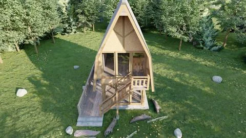 Modern A-Frame Tiny House Architectural Rendering in Lush Forest Stock Illustration