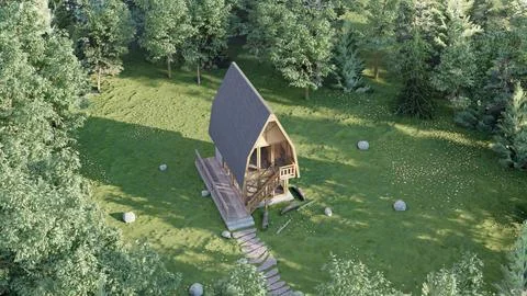 Modern A-Frame Tiny House in Lush Forest Setting - 3D Render Stock Illustration