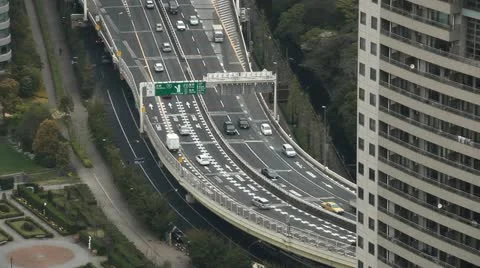Modern Freeway, Commute, Aerial View of Tokyo Highway, Japan, Metropolitan Area Stock Footage 12384574