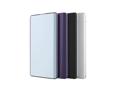 Modern full screen smart phones random color 3d render on white no shadow Stock Illustration
