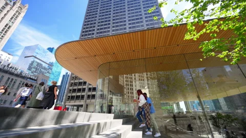 Modern futuristic design Apple store in Chicago, electronic equipment store. Stock Footage 334051218