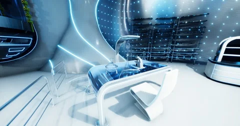 Modern futuristic workspace design with advanced technology elements Stock Footage 304512122