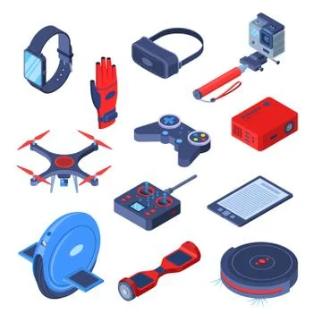Modern gadgets, devices vector 3d isometric icons set. Virtual reality, robot Illustrazione stock