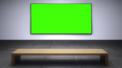 Modern Gallery Room With Large Green Screen TV Above Wooden Bench, Zoom In Stock Footage 341403475