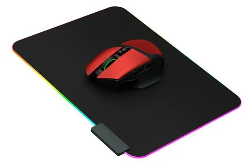 Modern gaming computer mouse on professional pad on white background Stock Illustration
