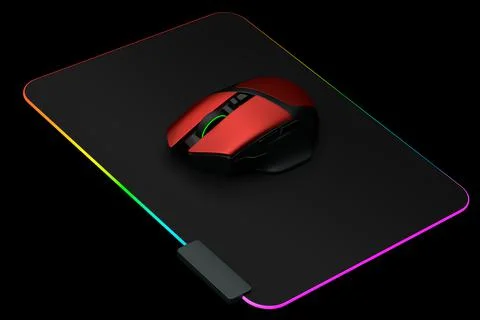 Modern gaming computer mouse on professional pad on black background 스톡 일러스트