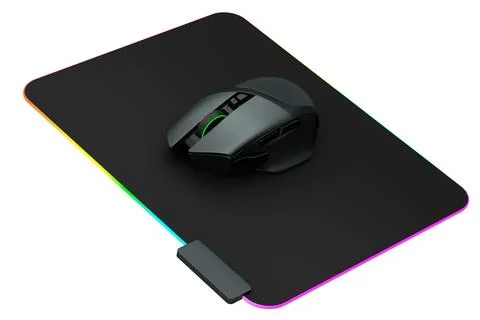 Modern gaming computer mouse on professional pad on white background 스톡 일러스트