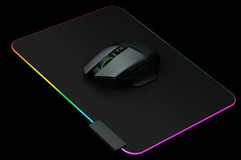 Modern gaming computer mouse on professional pad on black background Stock Illustration