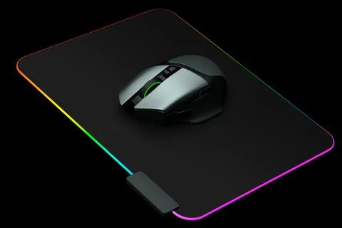 Modern gaming computer mouse on professional pad on black background Stock Illustration