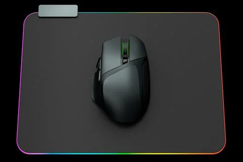 Modern gaming computer mouse on professional pad on black background Stock Illustration