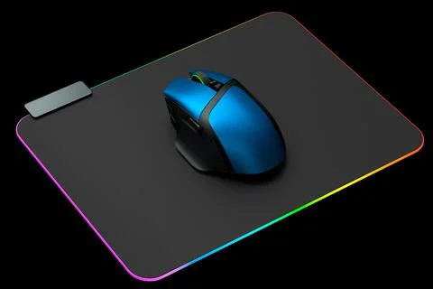 Modern gaming computer mouse on professional pad on black background Stock Illustration