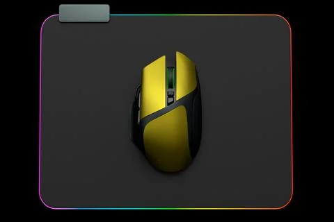 Modern gaming computer mouse on professional pad on black background Illustrazione stock