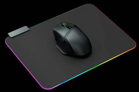 Modern gaming computer mouse on professional pad on black background Stock Illustration