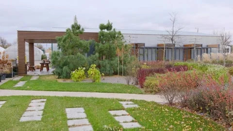 Modern garden with stone path and wooden pergola Stock Footage 306775803