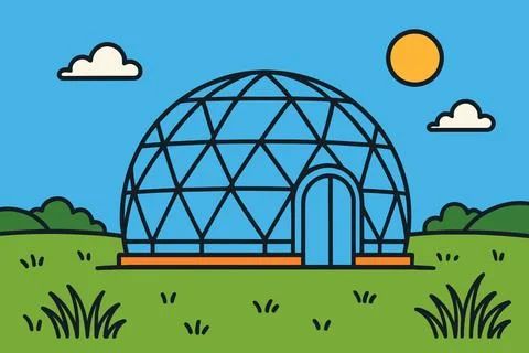 Modern geodesic dome structure in a sunny green field with clouds Illustrazione stock