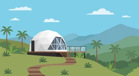 Modern geodesic dome tent set in a tropical mountain glamping resort. with .. Stock Illustration