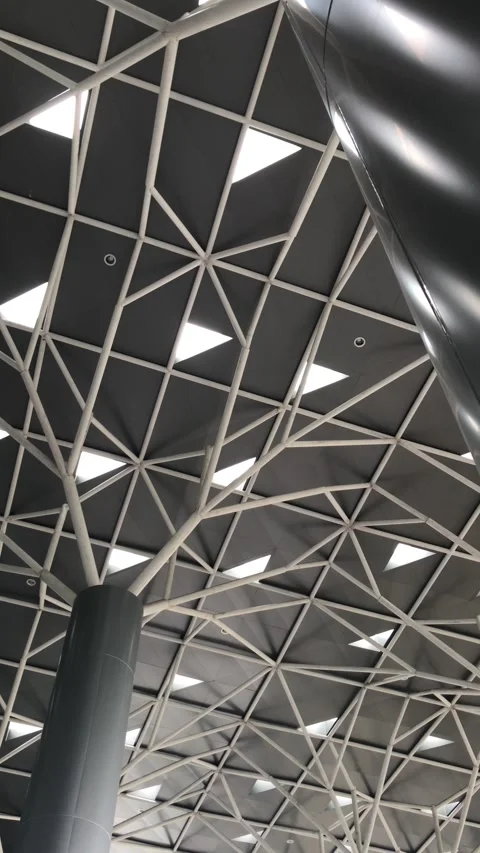Modern Geodesic Grid Ceiling Architecture and Structure of Airport Terminal Stock Footage 319099911