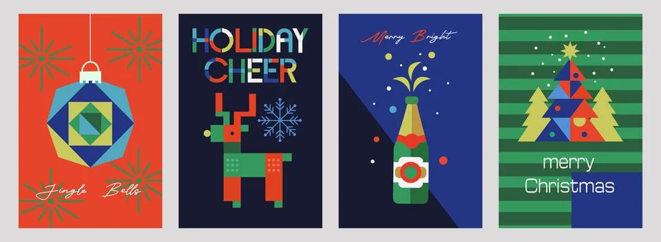 Modern geometric Christmas vector set. Minimal festive posters with champag.. Stock Illustration