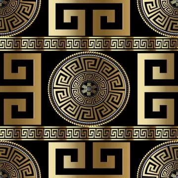 Modern geometric greek seamless pattern. Vector gold meander background. 3d w Ilustración de archivo
