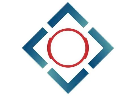 Modern geometric logo design with red circle and blue shapes Stock Illustration