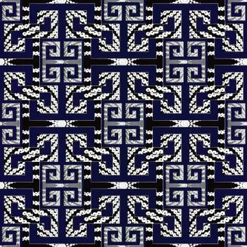 Modern geometric  meander seamless pattern. Dark blue background Stock Illustration