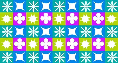 Modern geometric pattern with white flower and star silhouettes on vibrant .. 스톡 일러스트