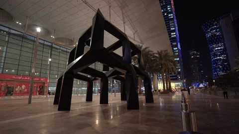 Modern Geometric Sculpture at Night in Doha Stock Footage 337044098
