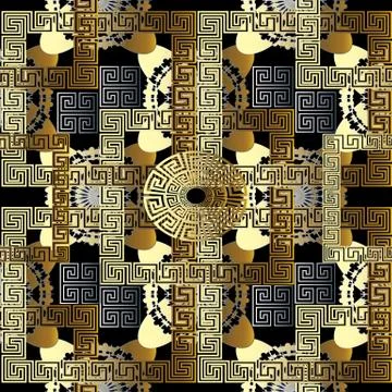 Modern geometric seamless pattern. Vector gold black meander background. 3d w Stock Illustration