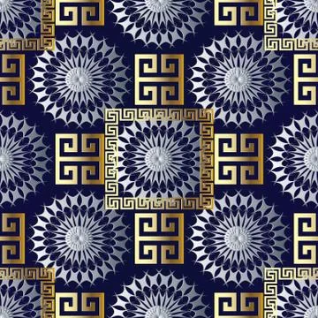 Modern geometric seamless pattern. Vector gold silver meander background. 3d  Stock Illustration