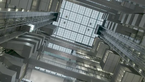 Modern Glass Atrium and Elevators Inside Deutsche Börse Office Building, Frankf Stock Footage 334052828