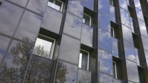 Modern Glass Building Facade Cube Pattern Sky Tree Reflection Stock Footage 331581296